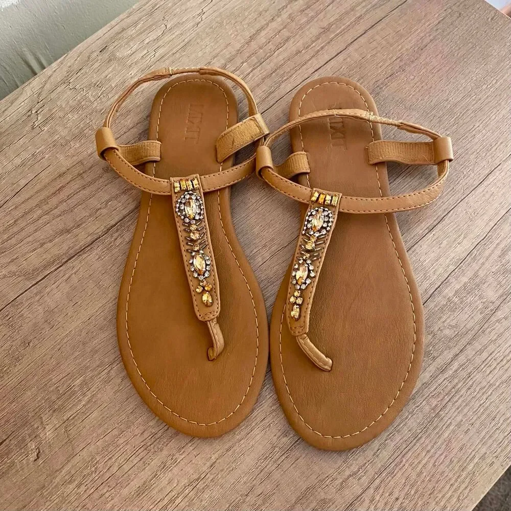 Mixit Women's Tan Embellished T-Strap Thong Sandals Size 6 Casual Comfort